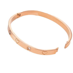 💙 Rose Gold Plated Stainless Steel Bangle with Cubic Zirconia & Engraved Hearts